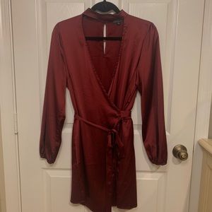 fashion nova deep red, wrap around satin dress